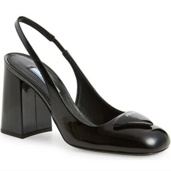 PRADA Vernice Logo Patent Leather Square Toe Slingback Pump Heels Sandals - Picture 1 of 14